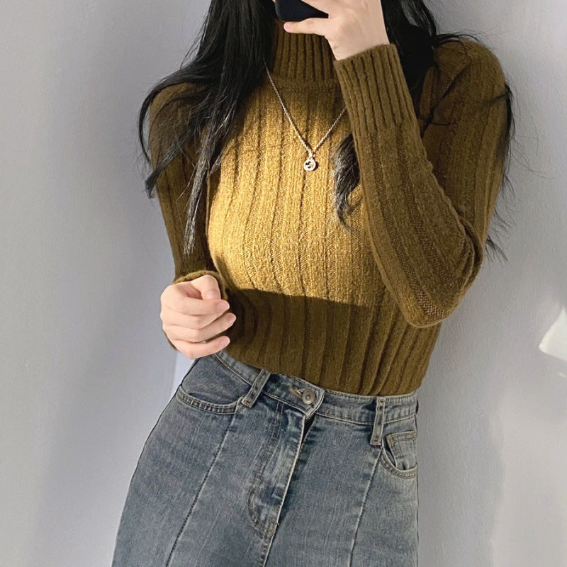 Half Turtleneck Knitted Sweater for Women – Warm Long Sleeve Slim Fit Pullover in Apricot, Black & Tawny
