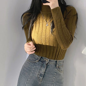 Half Turtleneck Knitted Sweater for Women – Warm Long Sleeve Slim Fit Pullover in Apricot, Black & Tawny