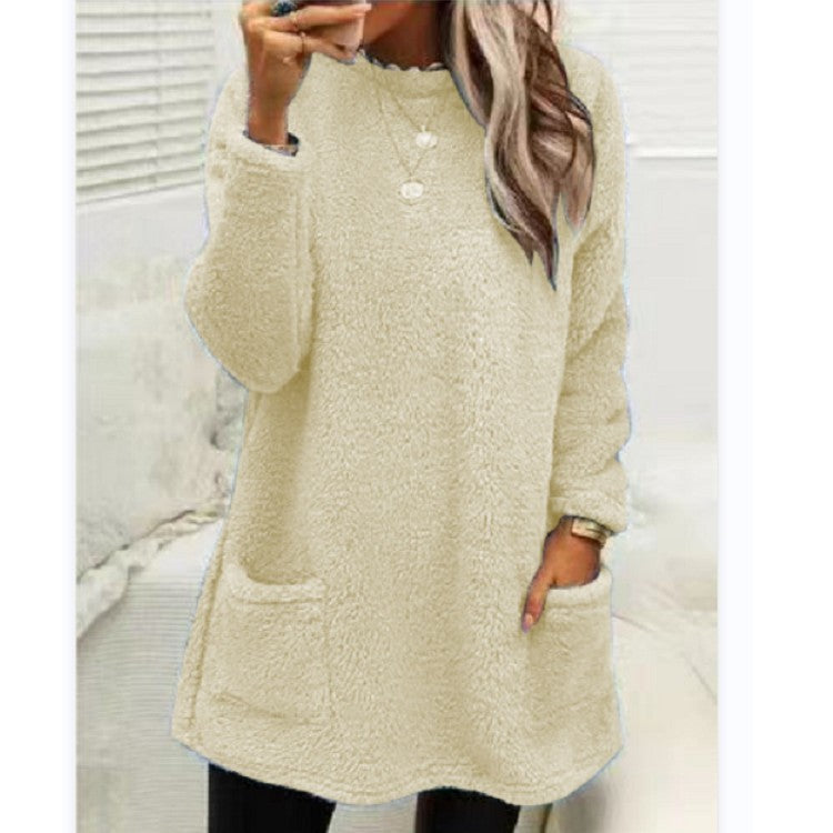 Cozy Women’s Fleece Pullover Sweater – Winter Warm Long Sleeve Plush Top with Pockets for Casual Comfort