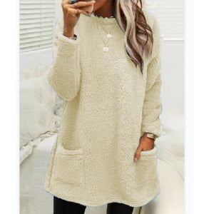 Cozy Women’s Fleece Pullover Sweater – Winter Warm Long Sleeve Plush Top with Pockets for Casual Comfort