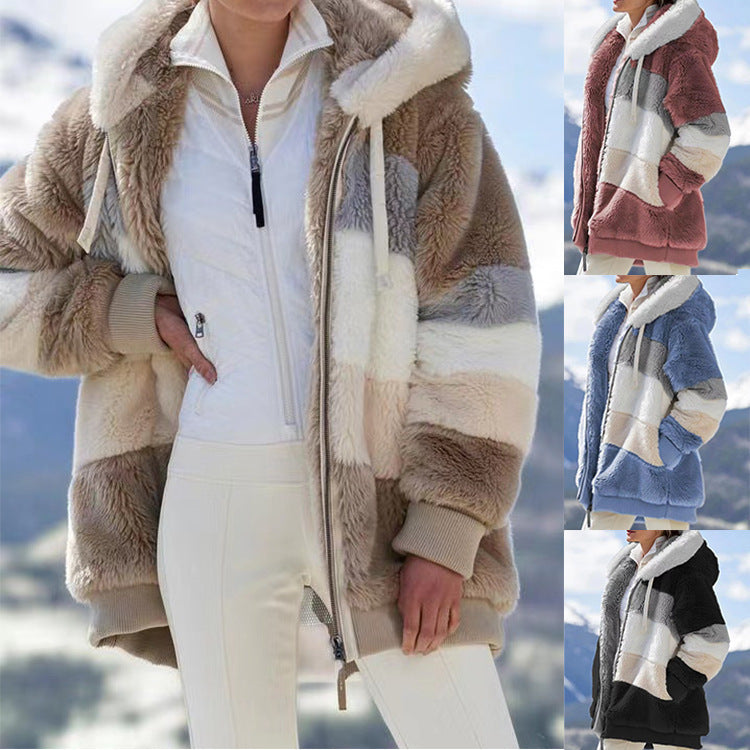 Women’s Cozy Plush Multicolor Hooded Jacket – Loose Fit, Soft & Stylish Winter Wear